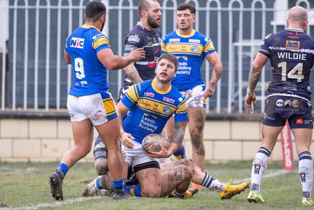 Leeds Rhinos celebrate Tom Briscoe's try in the warm-up game against Featherstone Rovers earlier this month. Picture by Allan McKenzie/SWpix.com