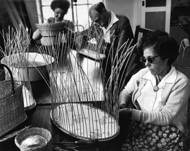 Harrogate, 5th July 1962  Miss Maureen Laycock, Mr. Geoffrey Smith and Miss Elsie Osler doing basketry at St. George's House, Harrogate, centre of the Yorkshire Association for the Care of Cripples.