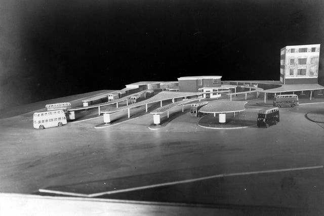 A model of the proposed bus station with buses in May 1936.