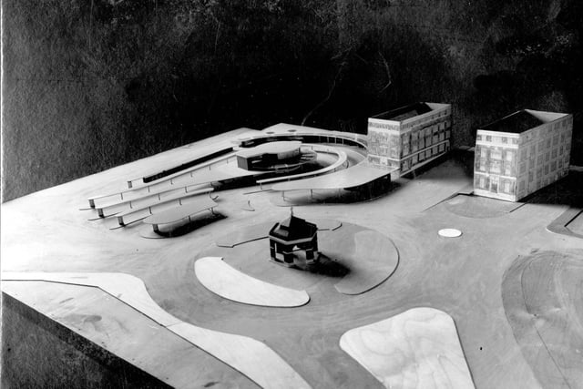 The model for proposed bus station in May 1936, showing buildings at the bottom of Eastgate. The round building in the centre was to become a petrol filling station, despite two major renovations of central bus station, this still remains and is now a fountain and memorial to Flight Sergeant Arthur Louis Aaron.