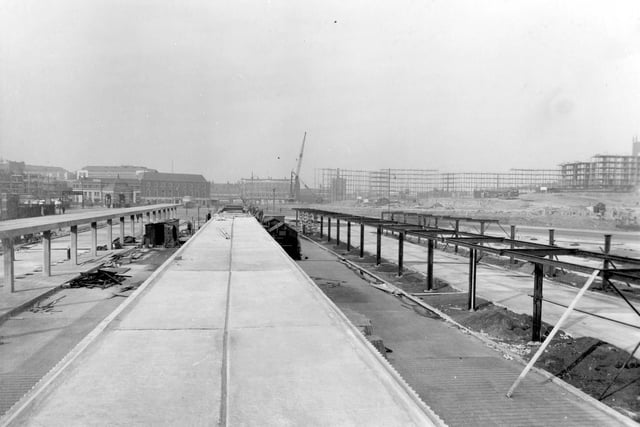 Construction of St. Peter's Street in conjunction with the building of Central Bus Station, looking from York Street in March 1938. Quarry Hill Flats were being built at the time.