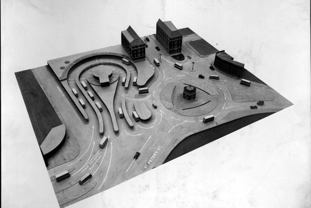 A model of bus station, showing traffic flow with model vehicles in January 1937.