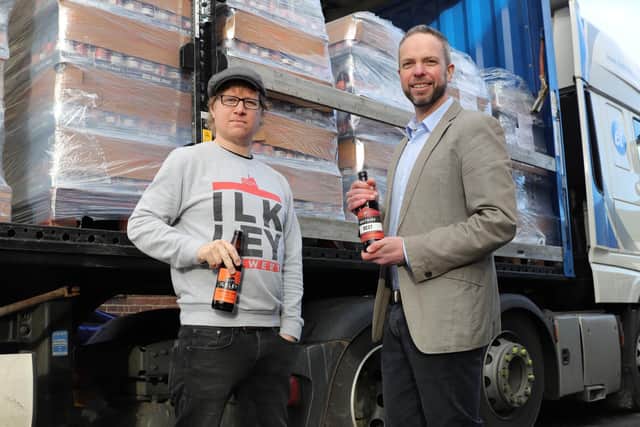 Photo: Luke Raven (left) and Nick Helliwell (right) standing in front of one of the lorries taking their Yorkshire beers to Sweden. Photo credit: Stephanie Norfolk, Saltaire Brewery.
