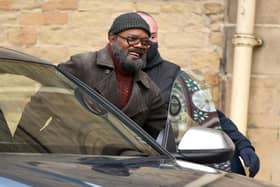 Samuel L Jackson seen on set during filming of the Marvel Disney Plus series Secret Invasion at The Piece Hall. (Photo by Gerard Binks/Getty Images)
