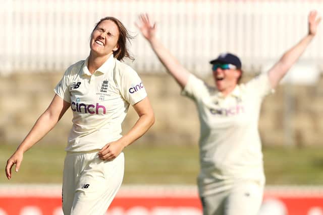 Nat Sciver celebrates taking the wicket of Tahlia McGrath during day one in Canberra. Picture: Mark Kolbe/Getty Images