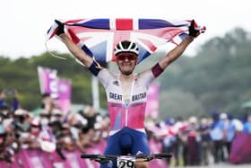 Great Britain's Tom Pidcock reacts after winning gold in the men's cross country mountain biking at the Tokyo 2020 Olympic Games in Japan. Picture: PA