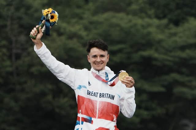 Great Britain's Tom Pidcock with his gold medal in the men's cross country mountain biking at  the Tokyo 2020 Olympic Games in Japan. Picture: PA