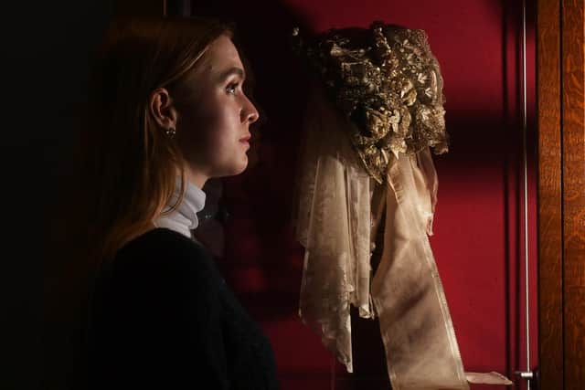 Emma Littlejohns is pictured a Bonnet Wedding Veil worn by Charlotte Bronte. Image: Simon Hulme