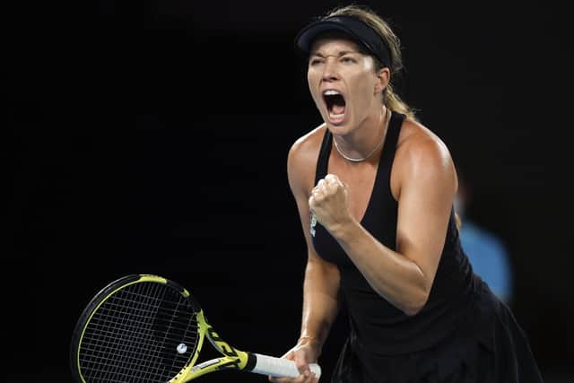Danielle Collins of the U.S. reacts after winning a point against Iga Swiatek of Poland during their semifinal match at the Australian Open tennis championships in Melbourne, Australia (AP Photo/Hamish Blair)