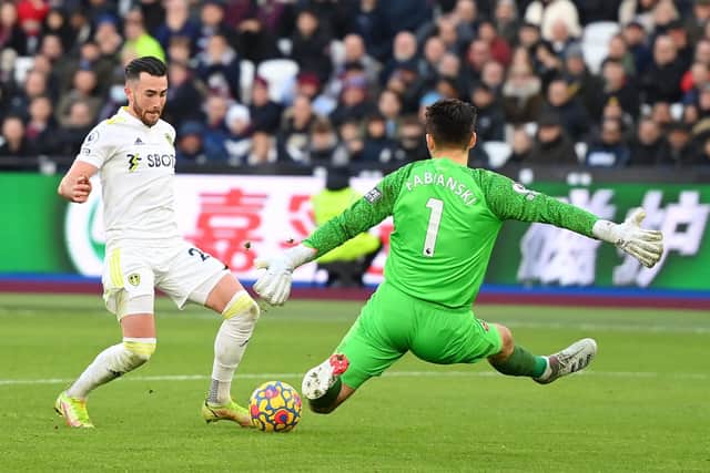 Jack Harrison of Leeds United scores against West Ham this season. (Photo by Mike Hewitt/Getty Images)