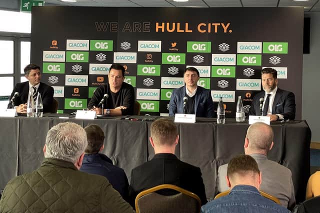Hull City vice-chairman Tan Kesler, chairman Acun Ilicali, head coach Shota Arveladze and CEO Jim Rodwell (left-right) during a press conference on Friday. Picture: Simon Peach/PA