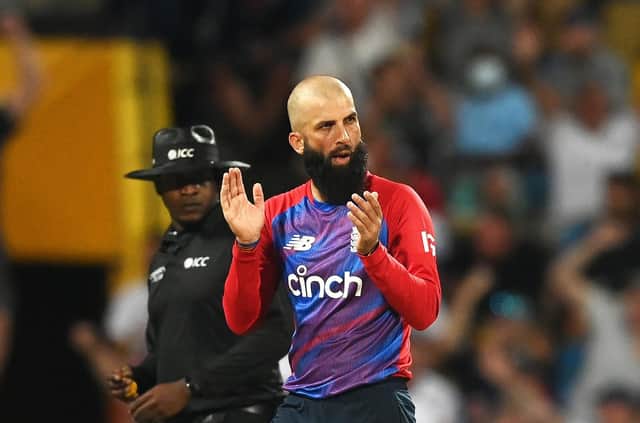Moeen Ali of England celebrates the wicket of Kyle Mayers of West Indies during the T20 International Series Fourth T20I match between West Indies and England at Kensington Oval on January 29, 2022 in Bridgetown, Barbados. (Picture: Gareth Copley/Getty Images)