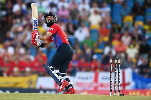 Moeen Ali of England plays a shot during the T20 International Series Fourth T20I match between West Indies and England at Kensington Oval on January 29, 2022 in Bridgetown, Barbados. (Picture Gareth Copley/Getty Images)