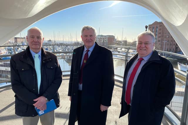 Left to right Councillor Graham Fordham, Captain Phil Cowling, Phil Withers
at Hull Marina where the flotilla will launch