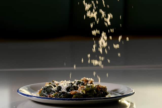 Steamed Kale Hearts with toasted hazlenuts and Parmesan