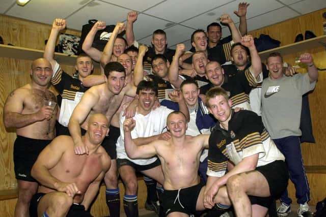 Pictured Leeds Tykes celebrating after beating London Welsh and gaining promotion in 2001. Picture: Gerard Binks