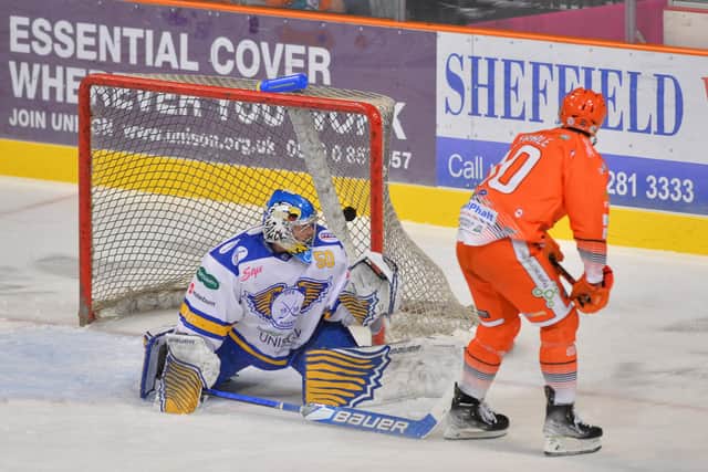 Tanner Eberle scores during the first period in Saturday's 3-1 Elite League win at home to Fife Flyers. Picture courtesy of Dean Woolley/EIHL.
