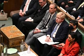 Leader of the House of Commons Jacob Rees-Mogg, Justice Minister and Deputy Prime Minister Dominic Raab, Prime Minister Boris Johnson, Chancellor of the Exchequer Rishi Sunak and Home Secretary Priti Patel listening to a response after the Prime Minister delivered a statement to MPs in the House of Commons on the Sue Gray report (UK Parliament)