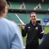The Duchess of Cambridge, in her new role as Patron of the Rugby Football Union, during a visit to Twickenham Stadium, to meet England players, coaches and referees and join a training session on the pitch.