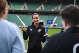 The Duchess of Cambridge, in her new role as Patron of the Rugby Football Union, during a visit to Twickenham Stadium, to meet England players, coaches and referees and join a training session on the pitch.