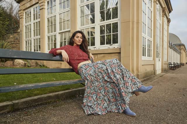 All About the Floral midi skirt with sequin trim, £50, and Beautiful Boat Neck Sweater, £45, from Joe Browns at Meadowhall and York Designer Outlet and JoeBrowns.co.uk.