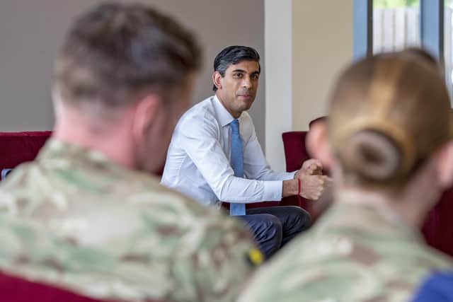 Chancellor Rishi Sunak, pictured during a visit to Catterick Garrison in 2020 to view military housing is today urged to halt a £8bn property gamble over properties rented to the Army and service families.