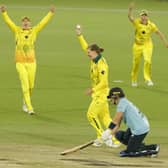 GAME OVER: Australia's Jess Jonassen celebrates dismissing England's Kate Cross to win the first ODI and retain the Ashes in Canberra. Picture: Jenny Evans/Getty Images