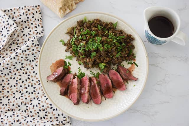 Pan-fried mallard with Puy lentils and a balsamic sauce from Wild and Game’s recipe box