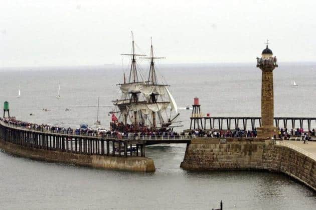 The Australian National Maritime Museum said it is “confident” that the vessel is the Endeavour, which was sunk in 1778 during the American War of Independence.
Pictured: Replica Endeavour arriving in Whitby harbour