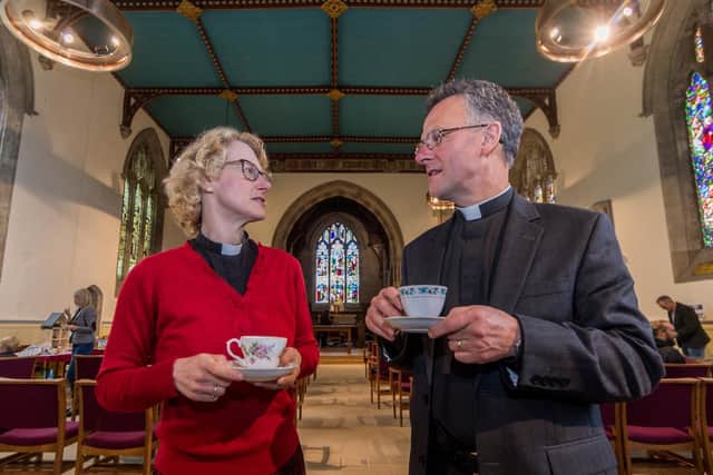 The parish priest of St John's Church, Ruth Newton, is pictured with the Dean of Ripon, John Dobson, at the reopening of the place of worship in 2018, after a £500,000 grant from the Heritage Lottery money financed major restoration work on the stained glass windows, wall paintings and the construction of new, modern facilities. (Picture: James Hardisty)

James Hardisty.