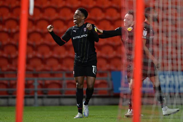Chiedozie Ogbene celebrates scoring  scores the Millers' third goal at Doncaster Rovers.  Picture Bruce Rollinson