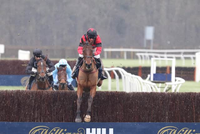 Ahoy Senor and Derek Fox (red and black colours)) power down the Wetherby back straight in the William Hill Towton Novices' Chase. Photo: Phill Andrews.