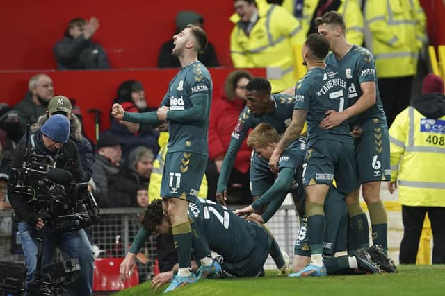 Middlesbrough players celebrate Matt Crooks's controversial leveller. Picture: PA.
