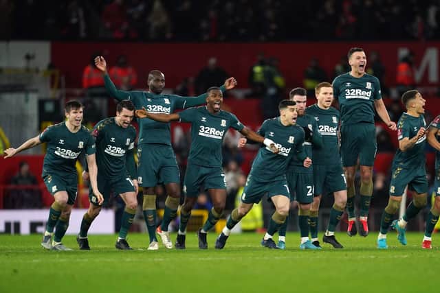 Middlesbrough players celebrate winning the penalty shoot-out. Picture: PA
