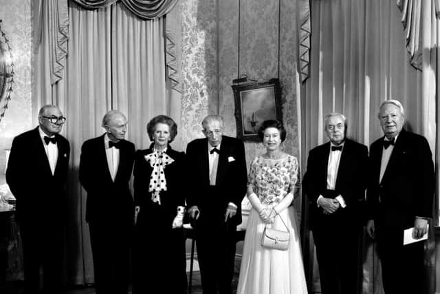 (L-R) James Callaghan, Lord Home, Harold Macmillan, Margaret Thatcher, Lord Stockton, the Queen, Lord Wilson and Edward Heath.