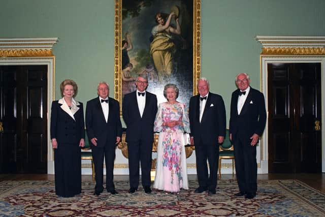 John Major (third left) and former Prime Ministers Margaret Thatcher (left), Harold Wilson (second left), Edward Heath (second right) and Jim Callaghan at Spencer House, London