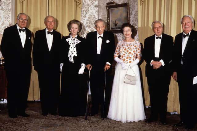 (L-R) James Callaghan, Lord Home, Harold Macmillan, Margaret Thatcher, Lord Stockton, the Queen, Lord Wilson and Edward Heath