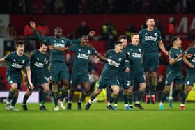 Middlesbrough players celebrate winning the penalty shoot-out against Manchester United. Picture: PA.