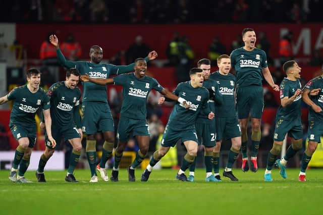 Middlesbrough players celebrate winning the penalty shoot-out against Manchester United. Picture: PA.