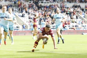 Instant impact: Will Pryce scores one of his six tries for Huddersfield Giants last season. Picture: Ed Sykes/SWPix.com
