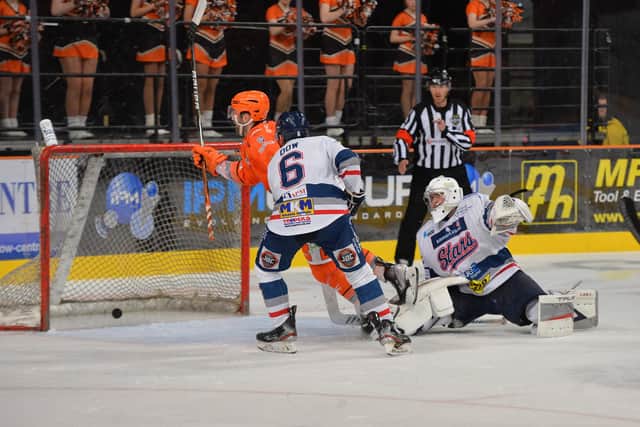 Evan Mosey scores against Dundee Stars in Saturday night's 5-4 win. Picture: Dean Woolley.