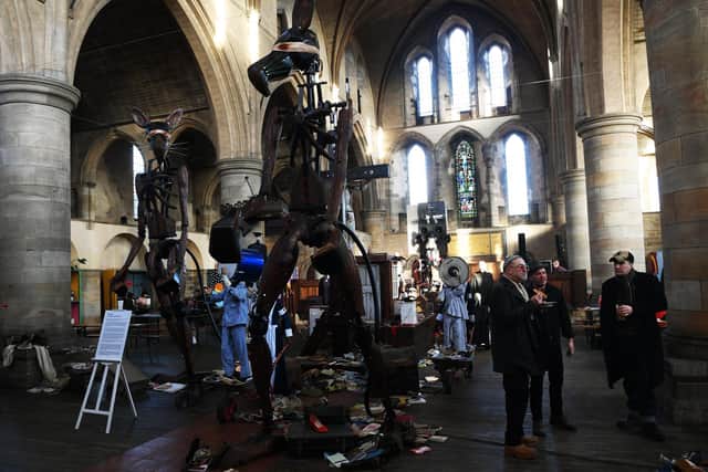 Left Bank Leeds is a progressive not-for-profit community arts centre housed in a Grade II* listed former church building 
Art installation Monster on display.
Picture : Jonathan Gawthorpe