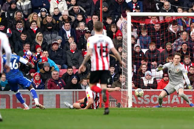 OPENER: Doncaster Rovers' Reo Griffiths (left) scores his side's first goal of the game at the Stadium of Light, Sunderland. Picture: Owen Humphreys/PA Wire.