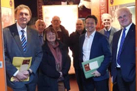 Sir Greg Knight, Councillor Kay West, Under Secretary of State for Sport, Tourism, Heritage and Civil Society, Nigel Huddleston MP, and Chris Clubley (chair of the Stewarts Trust) are pictured with other members of the Stewarts Trust.
