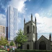 A CGI showing what a new 32-storey student accommodation site will look like in Leeds city centre. It replaces the former Santander bank in Merrion street.