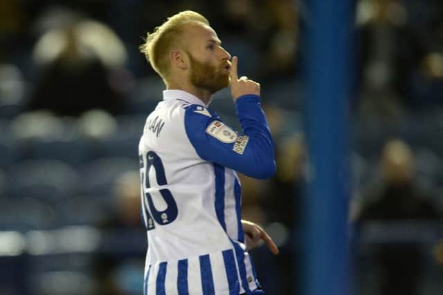 Shush: Barry Bannan gestures after converting the penalty. Picture: Steve Ellis