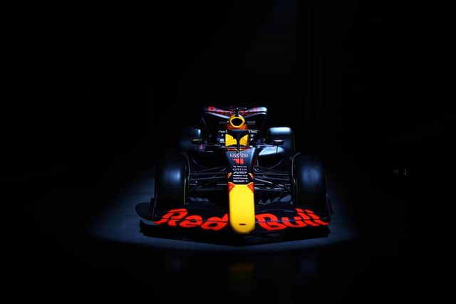 The distinctive yellow nose cone of the Oracle Red Bull RB18 will strike fear into any Formula One driver as he catches sight of it in his rear view mirror. Getty Images.