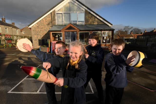 Children take part in Music session for the Richard Shephard Music Foundation, at Gillamoor Primary School.. Pictured from the left are Billybob Eddon, Iris Gibson, Lucinda Leonard and Nathan Dowsland. Image: Simon Hulme
