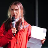 Climate activist Greta Thunberg speaking on the main stage in George Square as part of the Fridays for Future Scotland march during the Cop26 summit in Glasgow. Picture: Jane Barlow/PA Wire.