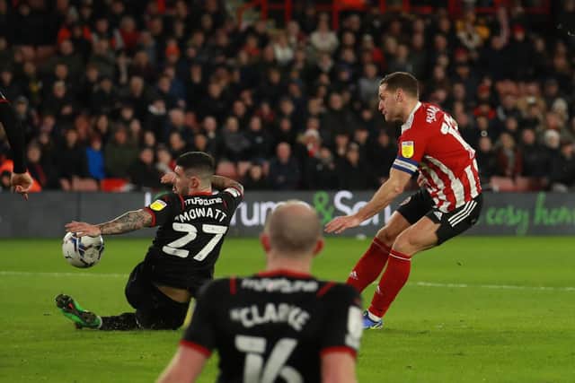 Billy Sharp puts Sheffield United in front against West Brom. Picture: SPORTIMAGE.